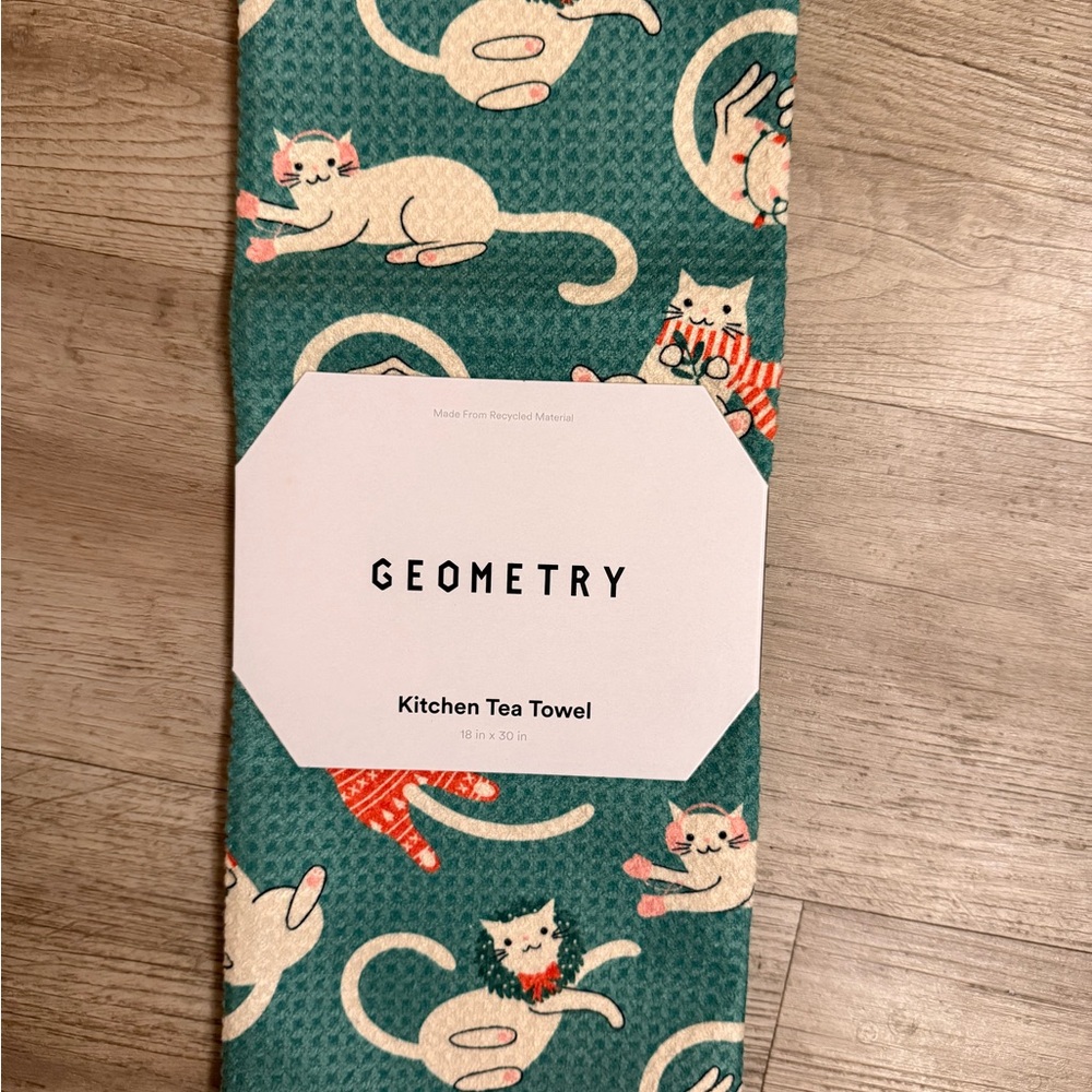 Geometry Christmas Cat Print Kitchen Tea Towel - Green